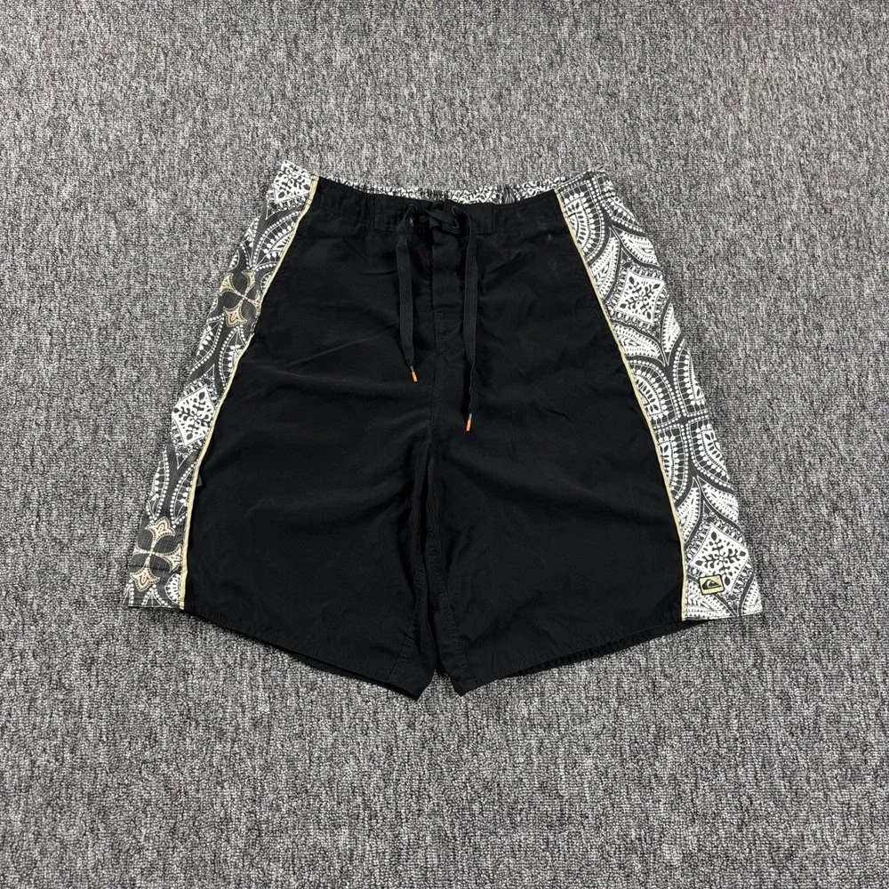Y2K Baggy Paisley Quiksilver Surf Board Shorts Black Hawaiian Print Large